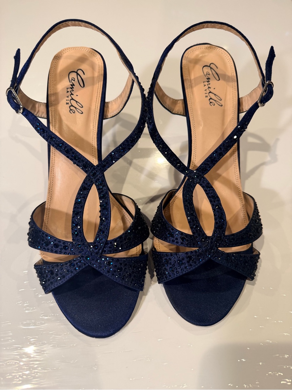 Camille La Vie Navy Crystal Strappy Slingback Heels